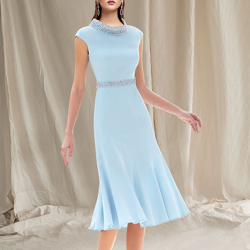 Two Piece Mermaid Mother of the Bride Dress Wedding Guest Church Elegant Jewel Neck Knee Length Stretch Chiffon Sleeveless Short Jacket Dresses with Beading Race Day Dress2