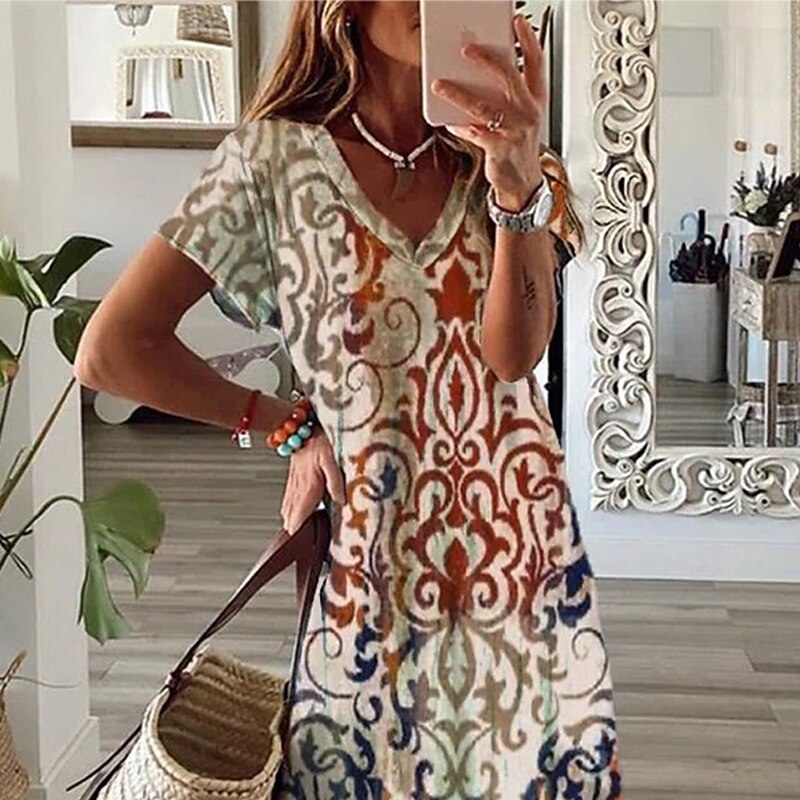 Women's Maxi Dress Casual Dress Shift Dress Floral Outdoor Vacation Daily Regular Fit Short Sleeve V Neck Khaki Summer Spring2