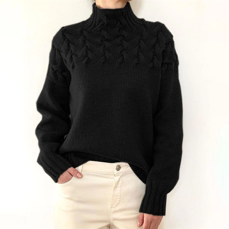 Women's Pullover Sweater Jumper Stylish Casual Soft Pure Color Maillard Cable Turtleneck Braided Long Sleeve Knit Outdoor Daily Going out Black Pink Fall Winter3