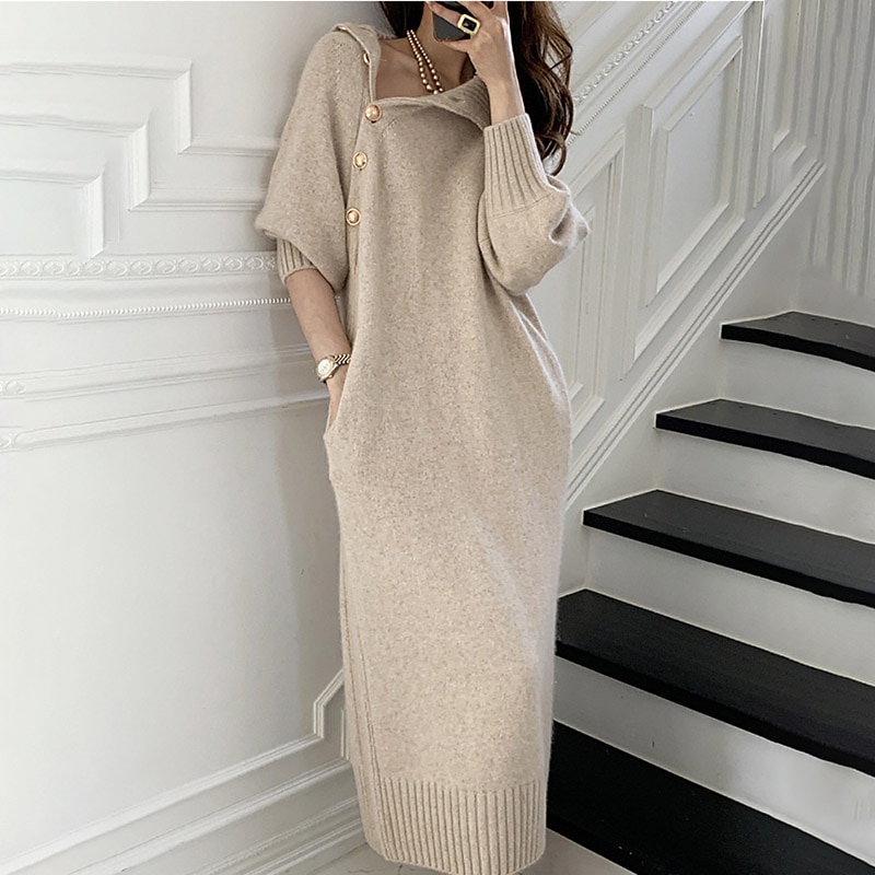 Women's Sweater Dress Jumper Dress Winter Dress Knee Length Dress Knitwear Stylish Mature Pure Color Outdoor Winter Dress Holiday Weekend Turtleneck Long Sleeve Tie Front Button Knit 2023 Loose Fit4