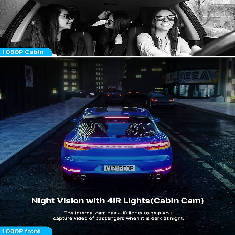 Dual Dash Cam with 64GB Micro SD Card, 1080P Front and Inside Dash Camera for Cars IR Night Vision Car Camera for Taxi Parking Monitor HDR Motion Detection Suction Cup3