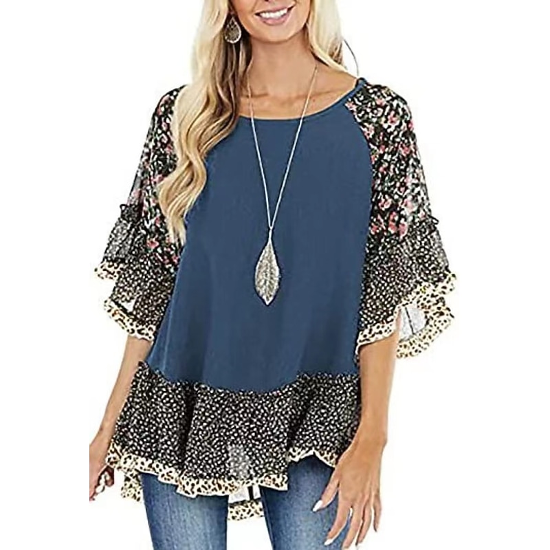 Women's Shirt Boho Shirt Tunic Blouse Floral Leopard Streetwear Casual 3/4 Length Sleeve Round Neck Regular Tops Daily Weekend Ruffle Print Flowing tunic Black White Light Green Blue Fuchsia2