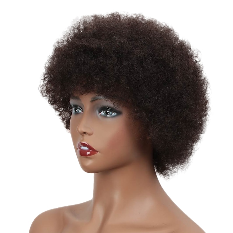 Remy Human Hair Wig Short Afro Curly Pixie Cut Black Natural Cool Designers Natural Hairline Machine Made Capless Brazilian Hair All Natural Black #1B Dark Brown#2 10 inch Christmas Gifts Daily Wear2