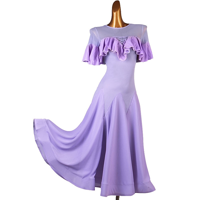 Ballroom Dance Dress Ruffles Split Joint Women's Training Short Sleeve Chiffon Chinlon Mesh4