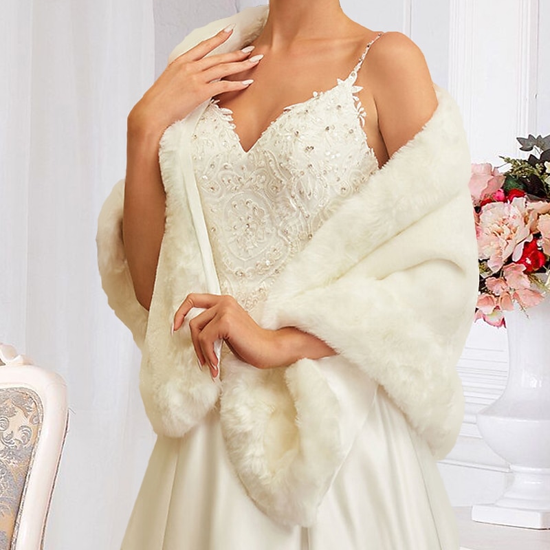 Shawl White Faux Fur Wraps Shawls Women's Wrap Elegant Bridal Sleeveless Faux Fur Wedding Wraps With Pure Color For Fall Wedding & Winter Wedding dress to impress2