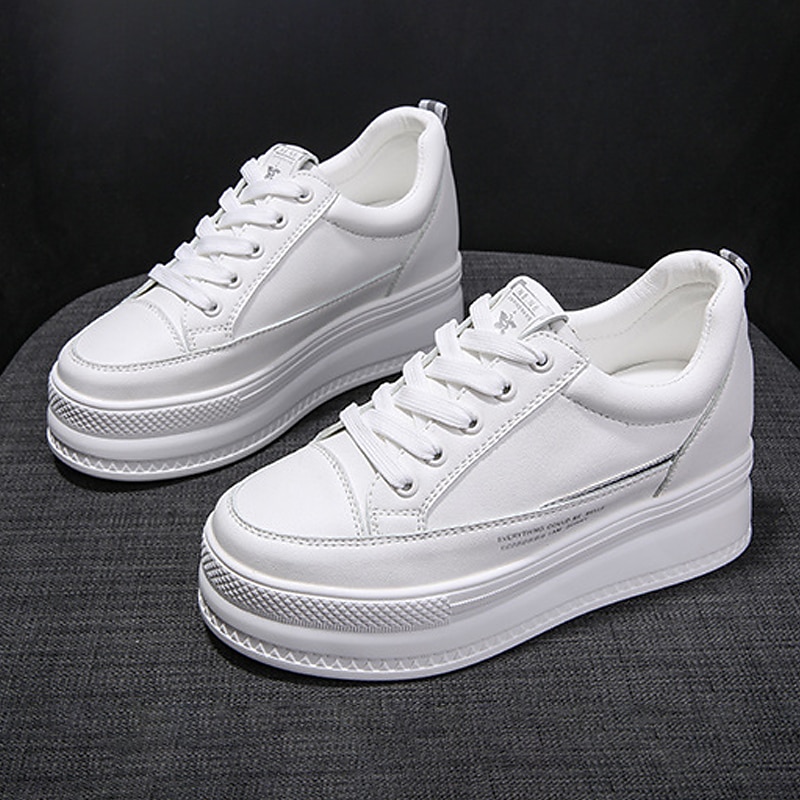 Women's White Platform Sneakers with Lace-Up Design and Elevated Sole - Perfect for Casual Wear and Street Style