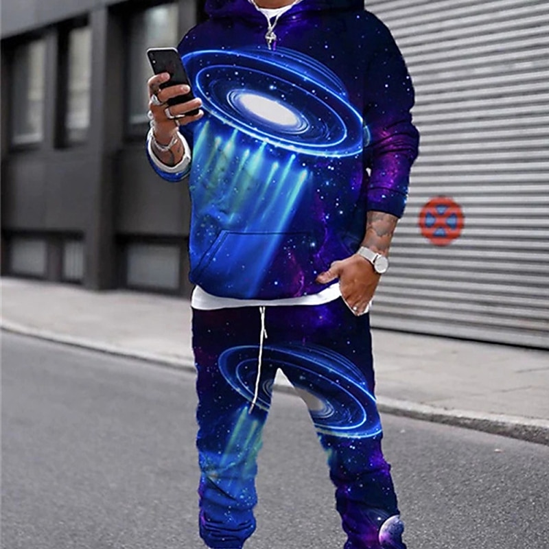 Men's Tracksuit Hoodies Set Blue Wine Red Brown Hooded Graphic Geometric 2 Piece Print Sports & Outdoor Casual Sports 3D Print Basic Streetwear Sportswear Fall Spring Clothing Apparel Hoodies