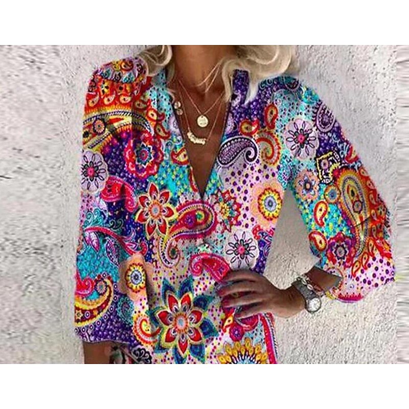 Women's Casual Dress Ethnic Dress Mini Dress Red 3/4 Length Sleeve Floral Print Summer Spring Fall V Neck Casual Weekend 2023 S M L XL XXL 3XL2