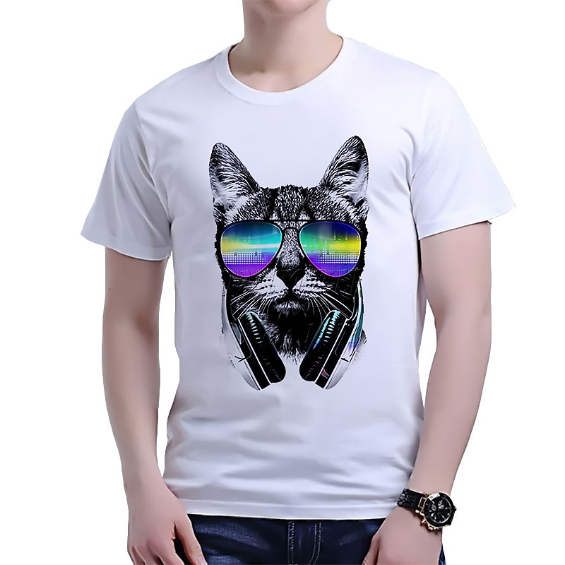 Men's Cool DJ Cat Graphic T-Shirt with Headphones & Sunglasses, White Short Sleeve Tee4