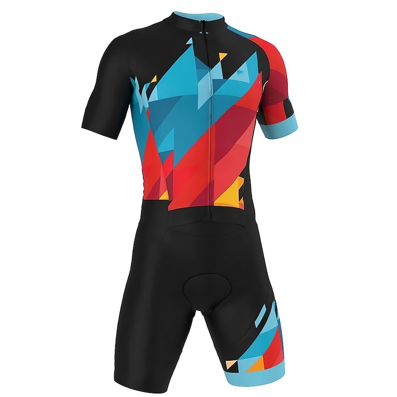 Men's Triathlon Tri Suit Short Sleeve Mountain Bike MTB Road Bike Cycling Black Yellow Red Geometic Bike Clothing Suit 3D Pad Breathable Quick Dry Back Pocket Polyester Spandex Sports Geometic - Main Image
