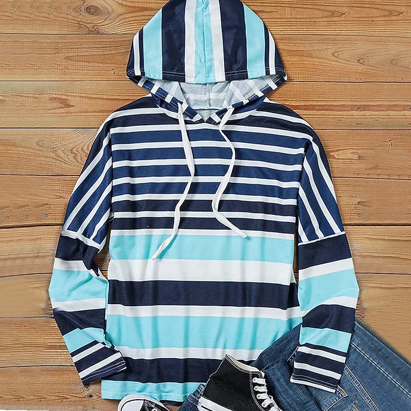 Women's Hoodie Sweatshirt Pullover Active Sportswear Striped Casual Sports Hooded Drawstring Print Long Sleeve Blue Green Fall & Winter2