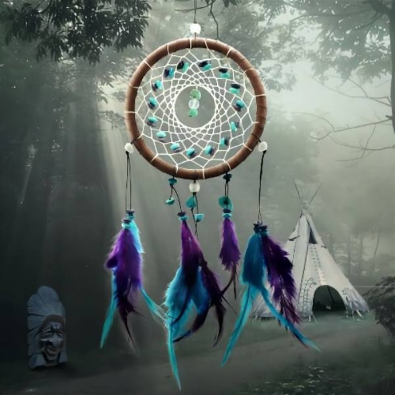 Halloween Dream Catcher Handmade Turquoise Hook Flower Wind Chime with Feather Ornament Birthday Gift Wall Hanging Decor for Home Wedding Festival 11*31cm