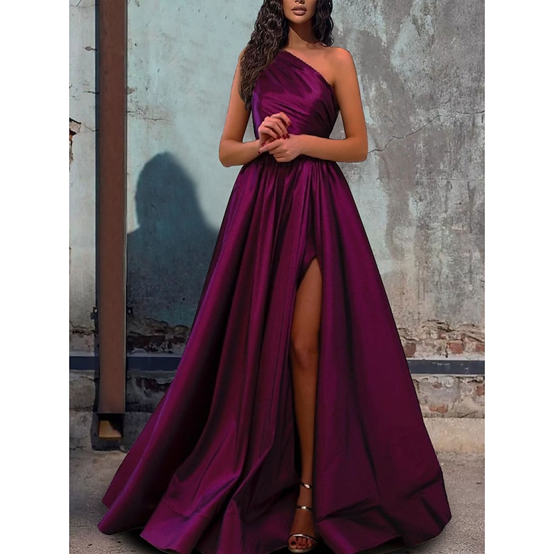 A-Line Evening Gown Elegant Dress Wedding Guest Engagement Floor Length Sleeveless One Shoulder Satin with Pleats Slit
