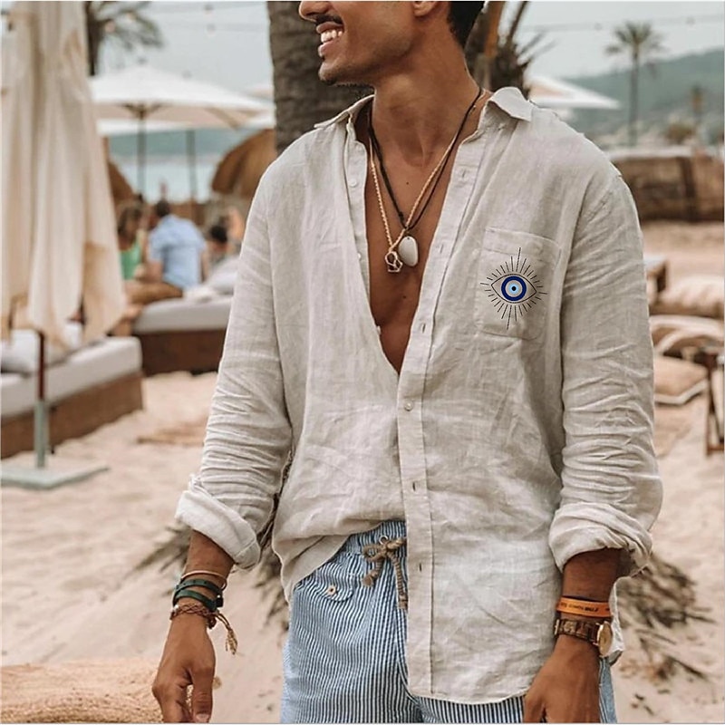 Men's Linen Shirt Summer Shirt Beach Shirt Designer Shirt Graphic Outdoor Street White Blue Green Khaki Long Sleeve Turndown Summer Spring Clothing Apparel Print2