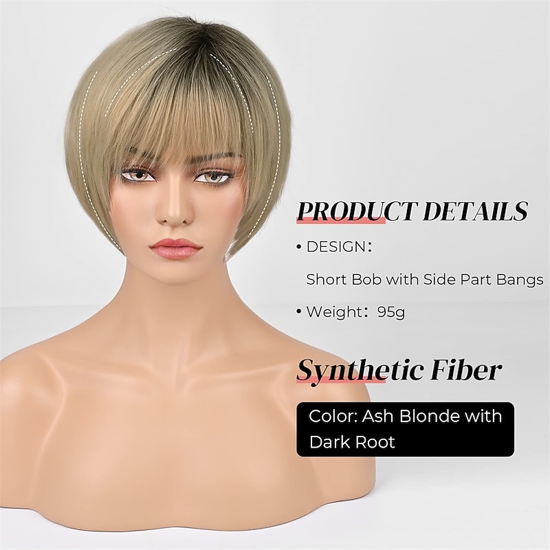 Blonde Bob Wig With Air Bangs for White Women 10 Short Ombre Ash Blonde with Dark Roots Hair Wigs Synthetic Side Part Natural Looking Hairpiece3
