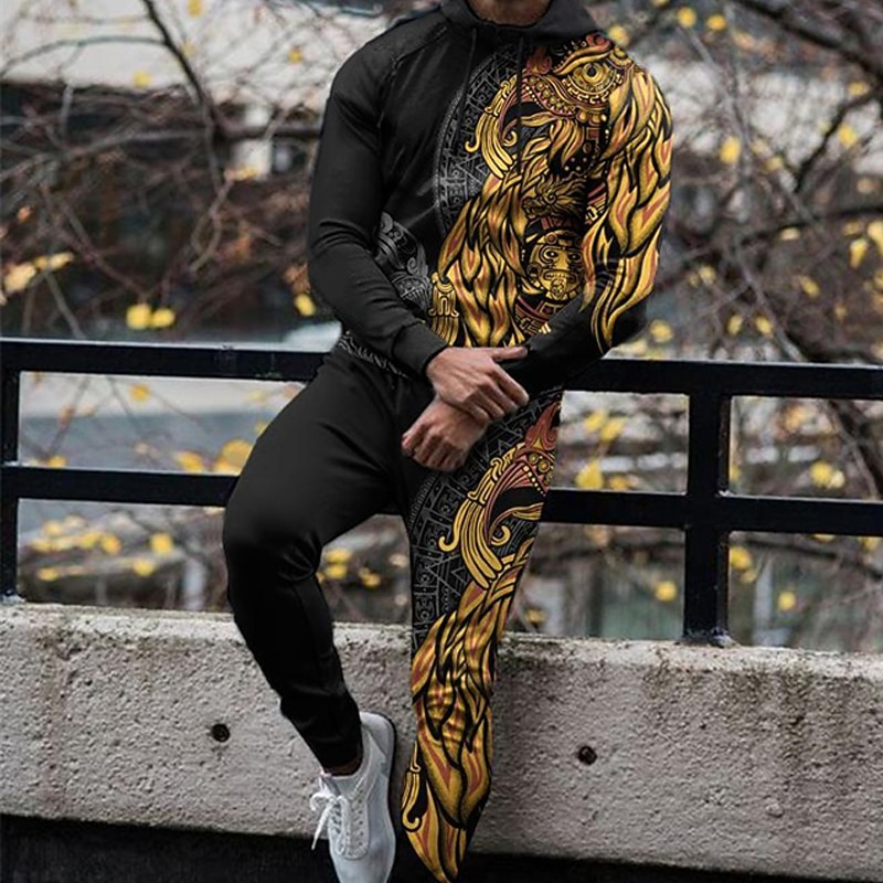 Men's Tracksuit Hoodies Set Yellow Dark Gray Brown Black Hooded Graphic Animal 2 Piece Print Sports & Outdoor Casual Sports 3D Print Basic Streetwear Sportswear Fall Spring Clothing Apparel Hoodies2