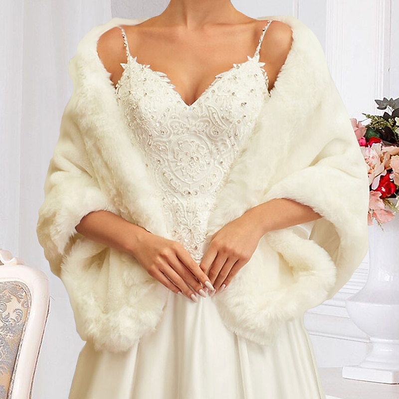 Shawl White Faux Fur Wraps Shawls Women's Wrap Elegant Bridal Sleeveless Faux Fur Wedding Wraps With Pure Color For Fall Wedding & Winter Wedding dress to impress