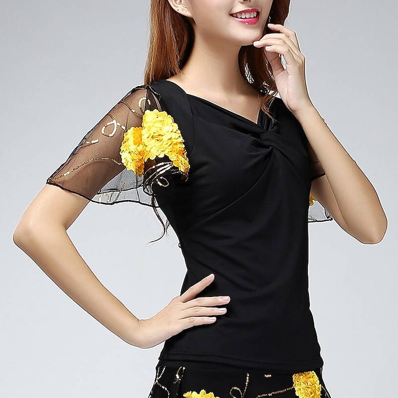 Latin Dance Ballroom Dance Top Embroidery Ruching Paillette Women's Training Performance Short Sleeve Mesh Sequined Milk Fiber