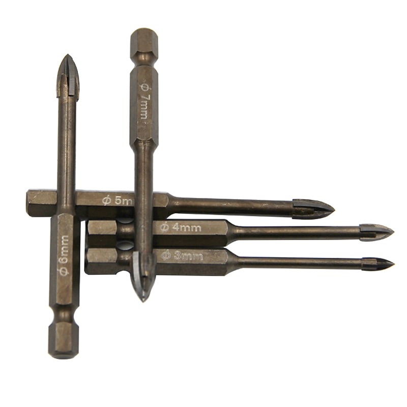 3/4/5/6/7mm Tungsten Carbide Glass Drill Bit Set Alloy Carbide Point with 4 Cutting Edges Tile & Glass Cross Spear Head Drill Bits4