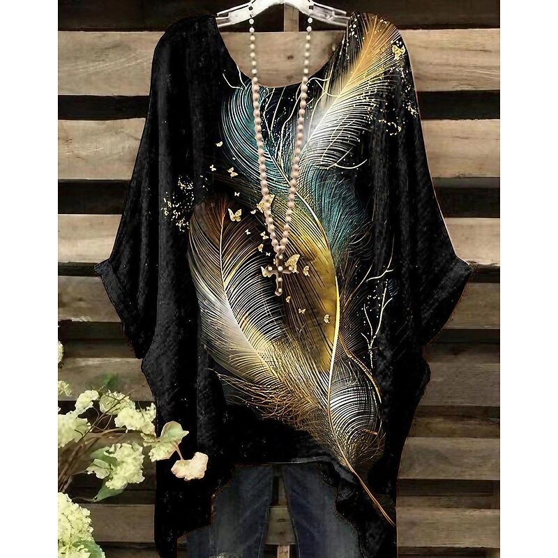 Women's Plus Size Blouse Chiffon Vintage Holiday Casual Print Dolman Sleeve 3/4 Length Sleeve Crew Neck Daily Weekend Black Dark Blue Summer Spring Fall