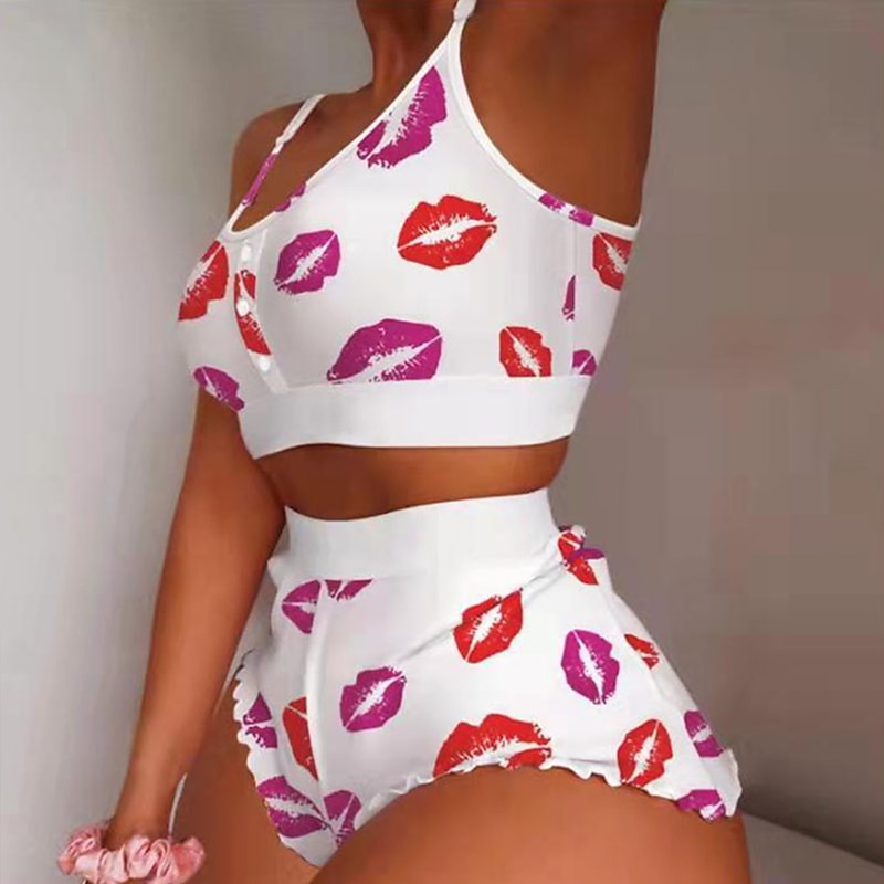 Women's Valentine Pajamas Nighty Pjs Sets 2 Pieces Fruit Lip Hot Soft Sweet Valentine's Day Gyms Crew Neck Crop Top Shorts Summer Spring Home Outfits3