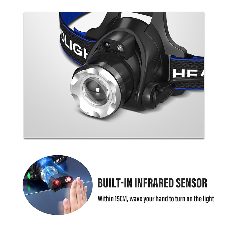 LED Headlamp with Sensor Fishing Headlight L2/P50 3 Modes Zoomable Waterproof Super Bright Camping Light Powered by 2x18650 Batteries4