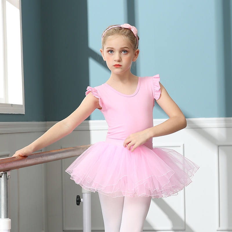 Kids' Dancewear Ballet Skirts Pure Color Splicing Tulle Girls' Training Performance Cap Sleeve High Cotton Blend Tulle