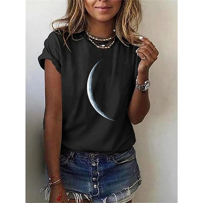 Women's T Shirt Galaxy Moon Basic Short Sleeve Round Neck Regular Tops Casual Daily Black2