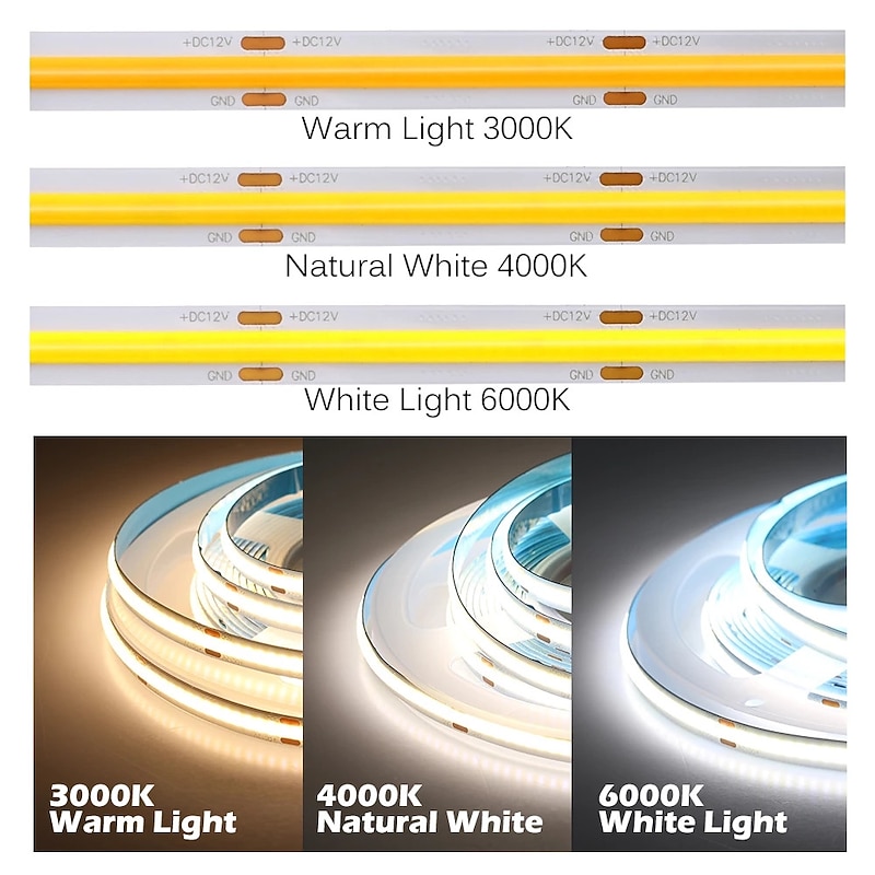 COB Flexible LED Strip Light High Density 5m 16.4FT Warm Cold White CRI 90+ 8mm Width Dimmable LED Ribbon for Bedroom Kitchen Home Indoor Decoration DC12V3
