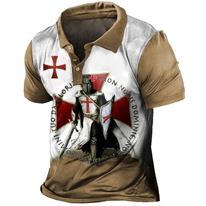 Men's Knights Templar Polo Shirts Golf Shirt Short Sleeve Polo Shirts Collared Shirts Vintage Casual Vacation Wear Festival Wear Party Outfits Buttons 3D Print Black Red Navy Blue
