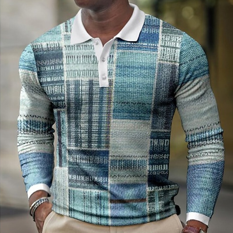 Men's Plaid Waffle Polo Shirts Golf Shirt Long Sleeve Polo Shirts Collared Shirts Vintage Casual Vacation Wear Formal Wear Festival Wear Buttons 3D Print Blue