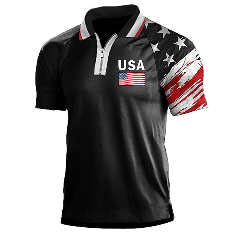 Men's Veterans Patriotic National Flag Polo Shirts Golf Shirt Short Sleeves Shirt Turndown Outdoor Street 3D Print Black White Zipper Print Clothing Apparel Fashion Casual Breathable Comfortable2