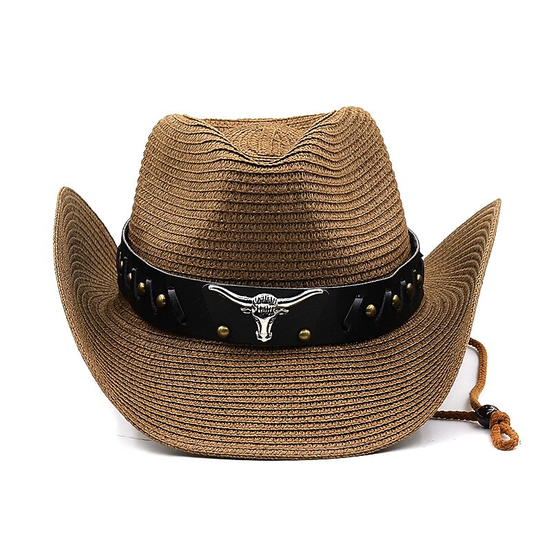 Women's Cowboy Hats Ethnic Style Straw Panama Hat Belt Cow Decorate Western Hats2