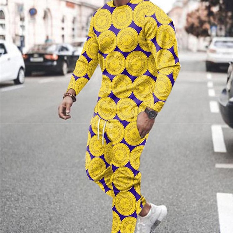 Men's Tracksuit Hoodies Set Yellow Royal Blue Blue Gray Crew Neck Graphic Geometric 2 Piece Print Sports & Outdoor Casual Sports 3D Print Streetwear Sportswear Basic Spring Fall Clothing Apparel2