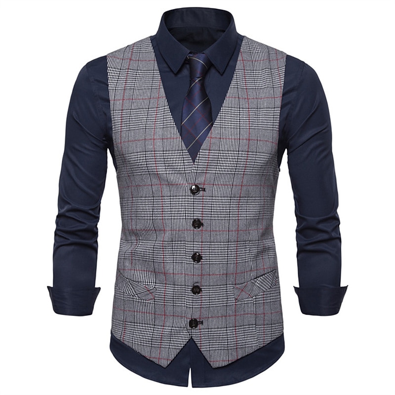Men's Vest Waistcoat Wedding Work Business Daily Business Casual Winter Pocket Polyester Windproof Quick Dry Plaid / Check Single Breasted V Neck Regular Fit Light Grey Dark Gray Coffee Vest