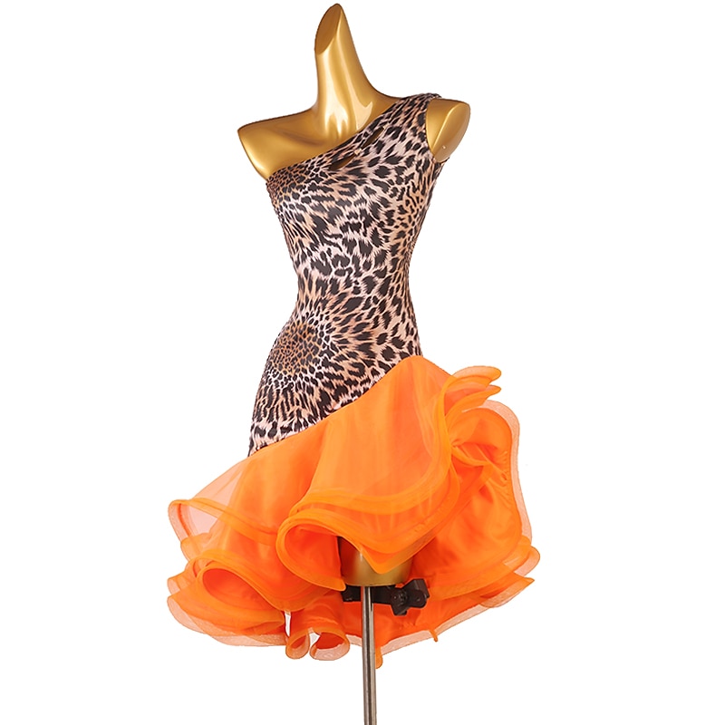 Dance Salsa Latin Dance Dress Cascading Ruffles Split Joint Women's Training Performance Sleeveless High Spandex Organza Salsa Leotard3