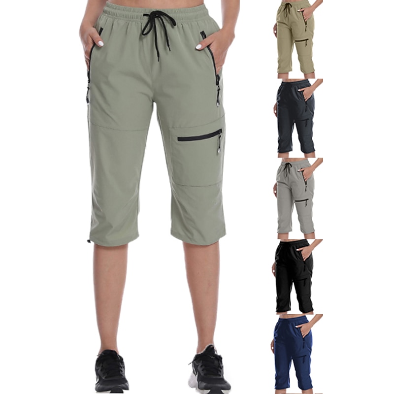 Women's Cargo Pants Hiking Pants Trousers Summer Outdoor Quick Dry Multi Pockets Lightweight Stretchy Capri Pants Bottoms Drawstring Elastic Waist Zipper Pocket Dark Grey Black Spandex Hunting