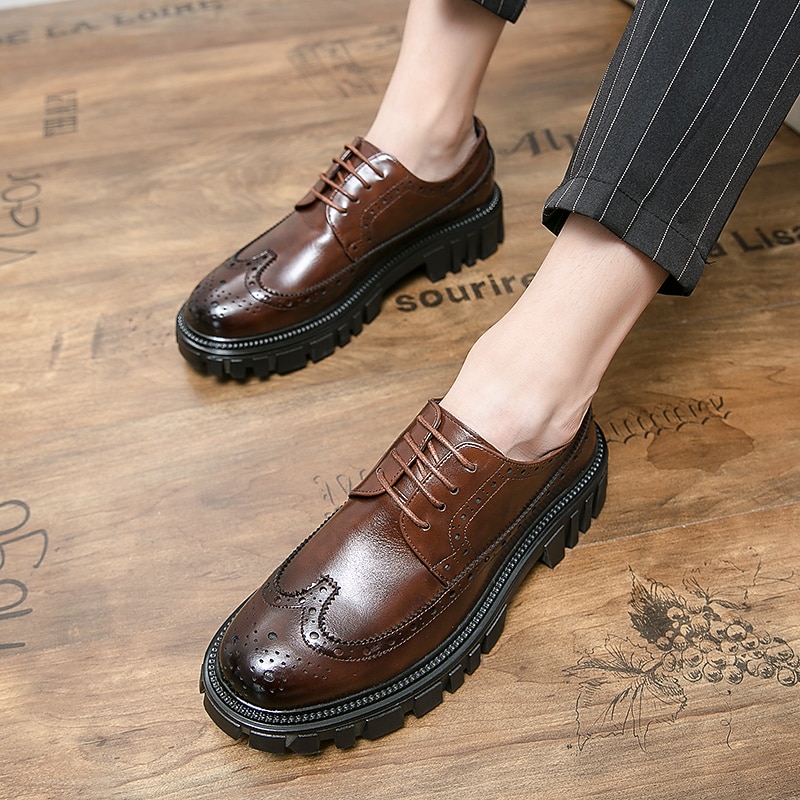 Men's Chunky Sole Brown Faux Leather Brogue Shoes – Stylish Vintage Oxford Design with Durable Tread for Casual and Formal Wear4
