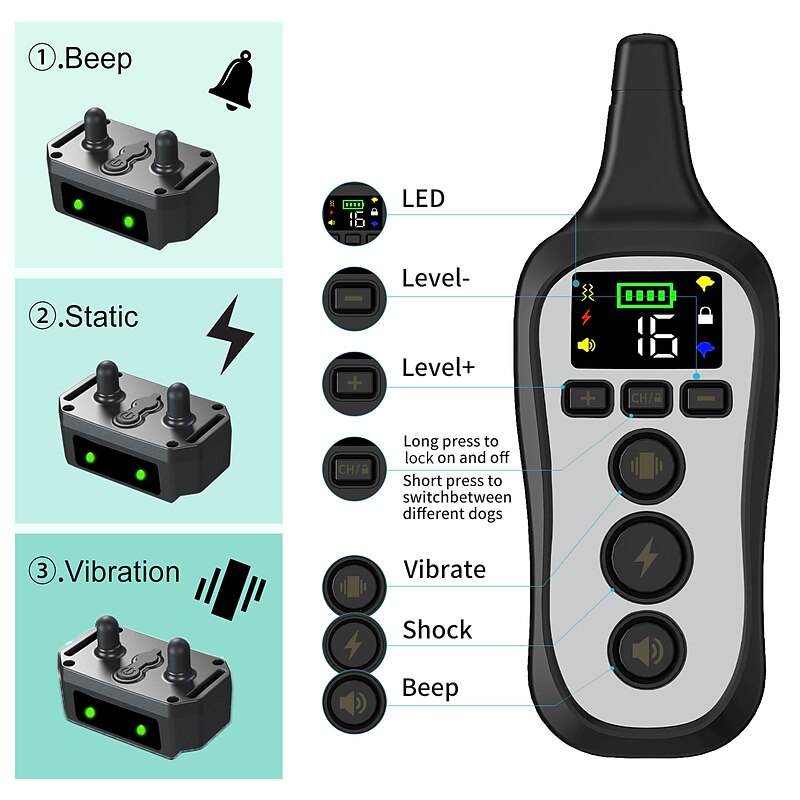600M Electric Pet Dog Training Collar IPX7 Waterproof Rechargeable Collar Pet Anti Bark Remote Control Collar Pet Trainer Vibration Shock 16 Level Adjustable2