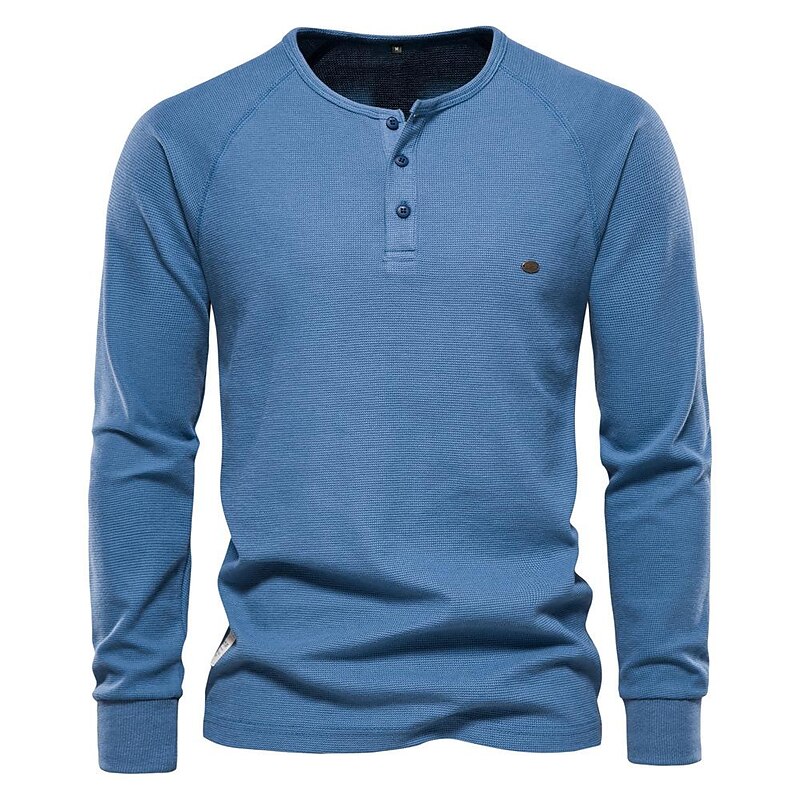 Men's Button T Shirt Henley Shirt Pullover Sweatshirt Long Sleeve Shirt Denim Blue White Navy Blue Orange Brown Clothing Apparel Essential Waffle2