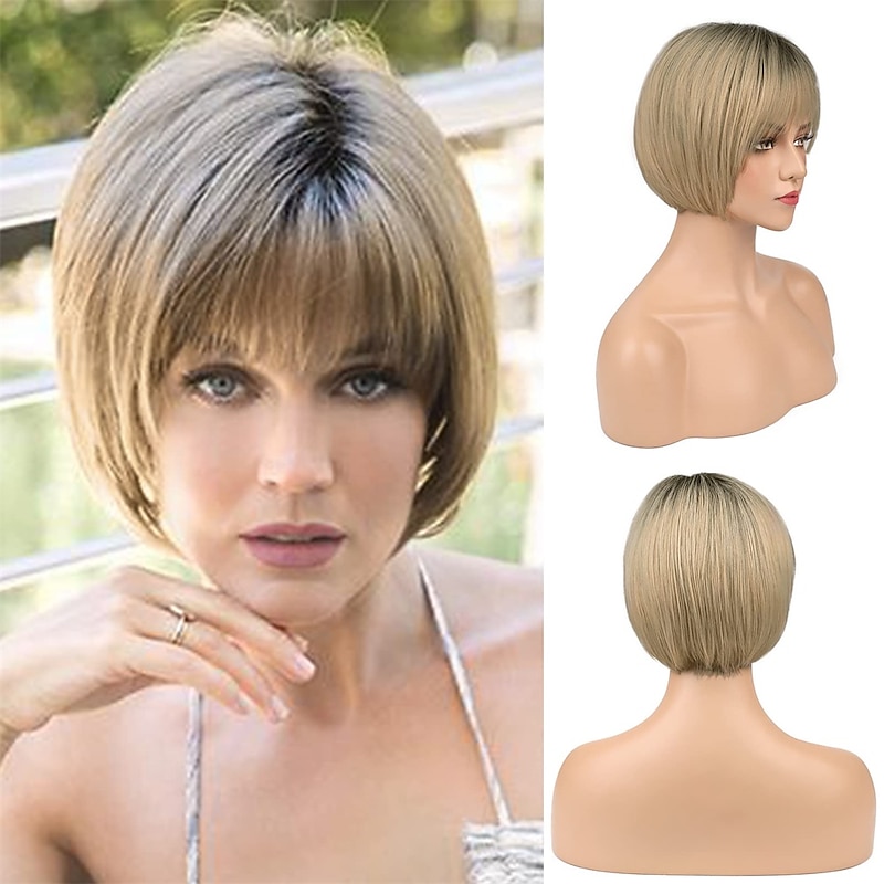 Blonde Bob Wig With Air Bangs for White Women 10 Short Ombre Ash Blonde with Dark Roots Hair Wigs Synthetic Side Part Natural Looking Hairpiece