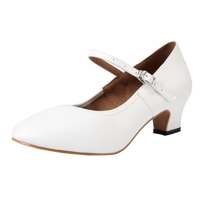 White Faux Leather Mary Jane Dance Shoes with Low Heel and Adjustable Strap – Elegant Footwear for Women