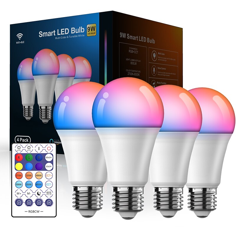 6pcs 4pcs 2pcs 10W Smart WiFi LED Light Bulb RGBCCT Color Changing A19 A60 Dimmable Work with Alexa and Google Home Without Hub2