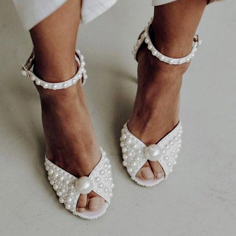 Women's Pearl-Embellished Stiletto Heels - Elegant Bridal Wedding Shoes with Ankle Strap and Open Toe Design4