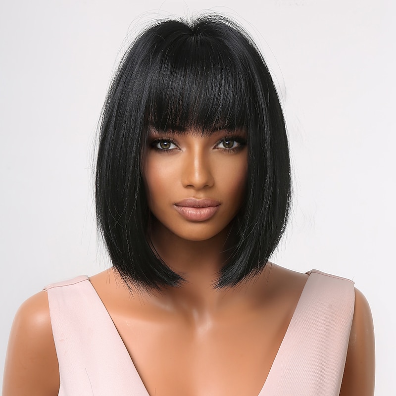 HAIRCUBE Hair Short BOB Black Wigs With Bangs for Women Natural Straight 12 inch Wigs Daily3