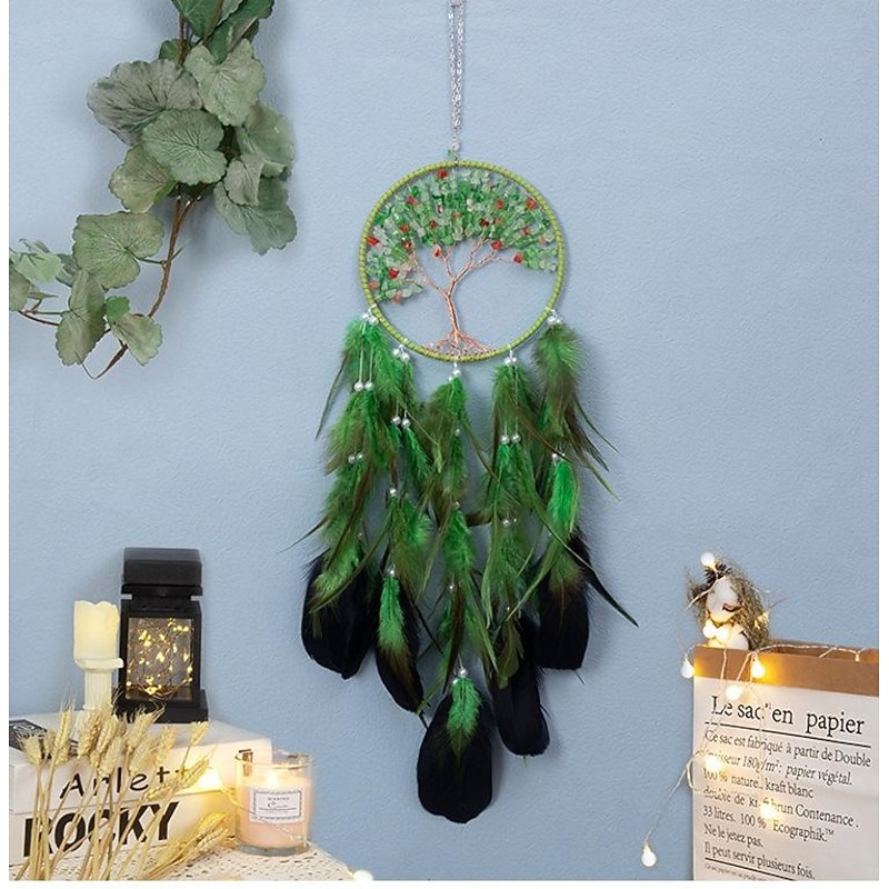 Life Of Tree Green Dream Catcher Handmade Gift Feather Hook Wind Chime Ornament Wall Hanging Decor Art Boho Style 16*70cm4