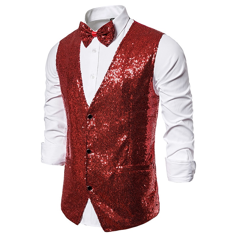 Men's Vest Gilet Wedding Party Party / Evening Going out Streetwear Casual Spring Fall Pocket Polyester Warm Quick Dry Solid Color Single Breasted V Neck Regular Fit Silver Black Red Royal Blue Vest4