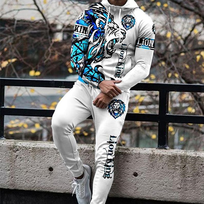Men's Graphic Lion Animal Patterned 2pcs 3D Sweatshirt Sets Tracksuit Hoodies Long Sleeve Long pants Hooded Streetwear Sportswear Basic Sports & Outdoor Casual Sports Print Spring Fall Black White4