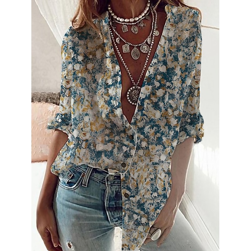 Women's Shirt Long Sleeve Button Down Blouse Tunic Streetwear Casual Floral Buttons Print Regular Tops Daily Weekend Blue Spring Fall