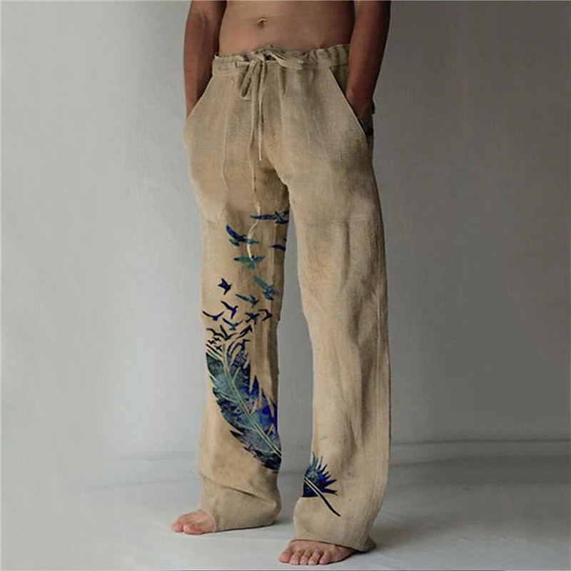 Men's Trousers Summer Pants Beach Pants Drawstring Pocket Elastic Waist Feather Lightweight Outdoor Full Length Casual Daily Casual Trousers White Navy Blue Micro-elastic2